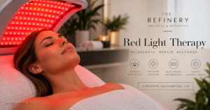 Woman receiving red light therapy at The Refinery Wellness & Aesthetics in Henderson, Nevada.