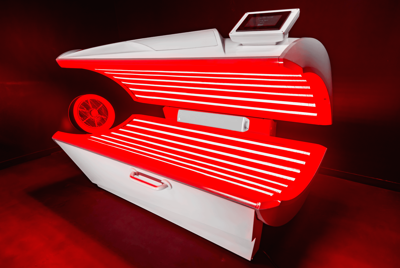 Open Prism Light Pod full-body red light therapy chamber illuminated red